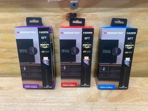 lot 58 image: MONSTER Lot of 3- 6ft High Speed 4K Hdr Hdmi Cables with Built-in Led Light (One Red, One Blue and One Purple)