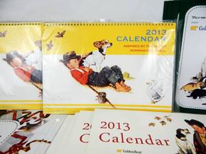 Lot of Vintage 2013 Norman Rockwell Art for Golden Bear-Kosugi Co Holiday Gift Boxes, Bags, 2013 Calendars and Advertising Posters