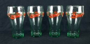 Lot of 4 Vintage Libbey Coca Cola Holly and Bells Christmas Glasses with Green Tint