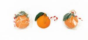 Lot of 3 Vintage 1993 Tropicana Pure Premium Orange and Candy Cane Ornaments