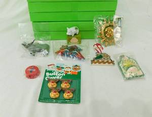 Lot of 6 Boxes of 5 Vintage Midwest Imports of Cannon Falls Ornaments, 1998 Coca Cola Pencil Sharpener, Pack of 4 Button Covers and a Viel Gluck Pig