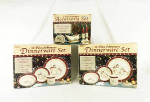 Lot of 2 Vintage Royal Seasons Stoneware Snowman 16 Piece Dinnerware Dishes Set and 1 5 Piece Accessory Set