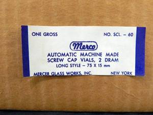 lot 141 image: 1 Gross Case of Mercer Glass Works Merco 2 Dram 75 x 15 MM Glass Screw Cap Vials