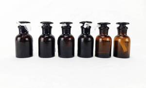 lot 5 image: Set of 6 Vintage Mercer Glass Works Merco 30 ML Amber Glass Flat Top Stopper Dropping Bottles