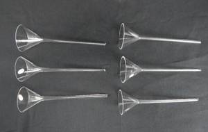 lot 163 image: Set of 6 Vintage Mercer Glass Works Merco 7 Inch Long 55MM Glass Bunsen Funnels - Made in Czechoslovakia