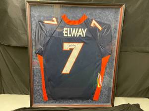 lot 9 image: Autographed John Elway Denver Broncos football jersey, Authenticated, framed