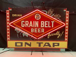 lot 22 image: Grain Belt Beer On Tap tin tacker with neon