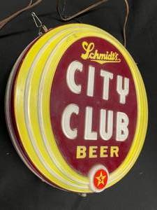 lot 28 image: Schmidts City Club Beer double-sided fluorescent light up sign, VERY RARE
