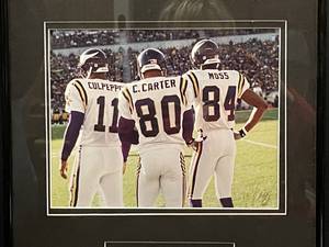 lot 120 image: MN Vikings The Big 3  Culpepper, Carter, Moss, framed photograph