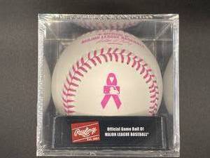 lot 119 image: MLB Pink Strike Out Breast Cancer baseball, NEW with acrylic display box