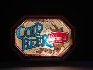 lot 106 image: Schmidt Cold Beer, back lit faux stained glass