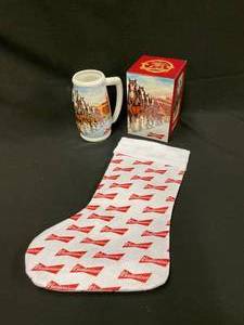 lot 160 image: Budweiser 2008 Holiday Stein, 75th Anniversary, NIB with stocking