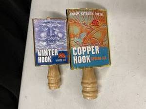 lot 214 image: Lot of 2 tap handles Red Hook Winter Hook and Copper Hook, New