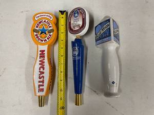 lot 216 image: Lot of 3 tap handles Newcastle, Blue Moon and Haufbrauhaus