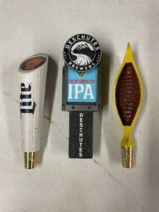 lot 218 image: Lot of 3 tap handles Leinies, Deschutes, and Miller Lite