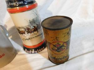 lot 191 image: Budweiser stein and vintage beer can And 2 pottery mugs
