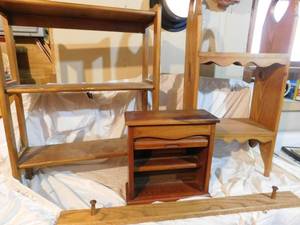 lot 250 image: 2 medium wood shelves, 1 roll top shelf and 1 hat wood rack
