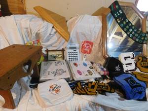 lot 238 image: Mirror, wood stool, calculator, school patches, poker chips, cub scout banner, golf Rag, hat, pens, etc
