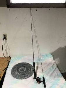 lot 102 image: fishing rod, ice fishing rod and metal fish basket