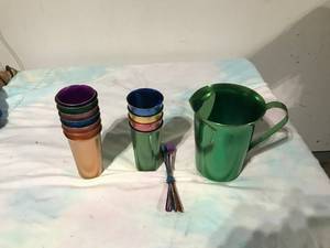 lot 57 image: Vintage metal  pitcher and glasses and spoons