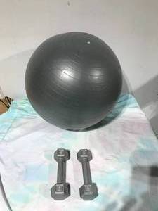 lot 99 image: Exersizing ball and 2 weights