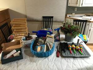 lot 61 image: 2 boxes of misc and wine rack