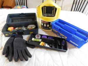 lot 43 image: 2 Tackle boxes , fishing supplies and minnow bucket