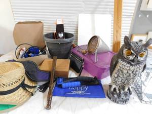 lot 71 image: Decoy owl, live trap, cutting board, billy club, and more