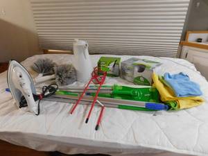 lot 27 image: swiffer set,iron, micro cloths, coffee thermos and more