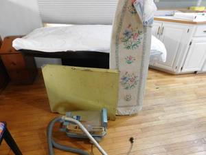 lot 327 image: Vintage metal table, vaccum and ironing board