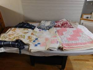 lot 294 image: 2 quilts - approx. twin size, twin XL sheet, 1 baby quilt, 3 throw blankets