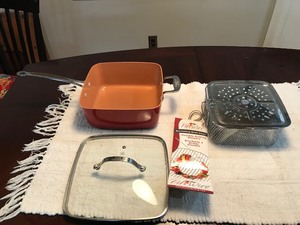 lot 229 image: Red copper deep fryer frying pan & flexible grill skewers