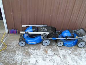 Qty of 2 kobalt 80 volt lawn mowers for parts or repair. Wires have been cut. With bags. As shown.