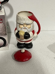 Porcelain Enamel on Steel Santa Tea Kettle, Vintage Hand Painted Craft Ceramic Santa Mug