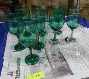 8 piece green wine glasses and 2 clear sherry glasses