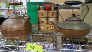 2 Vintage copper kettles and an old sewing box
