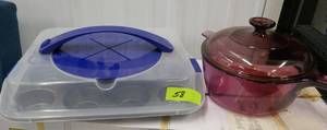 Covered cupcake pan like new, and visions corning glass cooking pan also like new