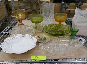 Group of vintage pressed glass and an iridescent glass candy dish