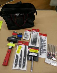 Tool Bag with sledge hammer, saw blades, punches, sockets, files
