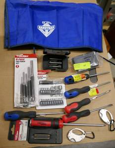 Bucket tool bag, punch set, screwdrivers, bit set, damaged screw removers