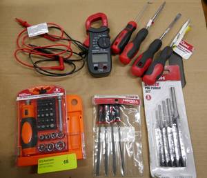 Clamp meter, files, punches, screwdriver and socket set, screwdrivers