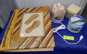 Unique photo album from Hawaii made of all natural tree barks and leaves,  a rock lamp and candles