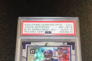lot 1 image: 2020 Donruss Optic Elite Series Rookies Justin Jefferson Silver Autograph Rookie Card PSA 810 2325  Only 25 Exist