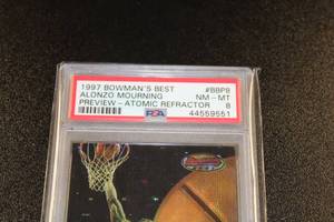 lot 29 image: 1997-98 Bowmans Best Preview Atomic Refractor Alonzo Mourning #BBP8 PSA 8
