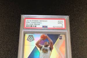 lot 39 image: 2019-20 Mosaic Silver Prizm Eric Paschall #250 Rookie Card PSA 9