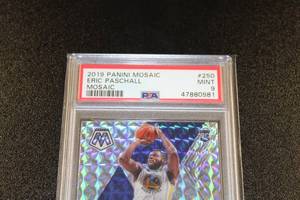 lot 41 image: 2019-20 Mosaic Silver Mosaic Prizm Eric Paschall #250 Rookie Card PSA 9