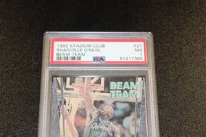 lot 51 image: 1992-93 Stadium Club Beam Team Shaquille ONeal #21 Rookie Card PSA 7