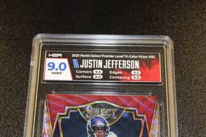 lot 81 image: 2020 Select Premier Tri Color Prizm Justin Jefferson #161 Rookie Card HGA 9.0 155199  Only 199 Exist