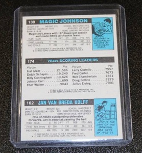 lot 112 image: 1980-81 Topps Magic Johnson #139 w Julius Erving #174 & Jan Van Breda Kolff #162 Rookie Card