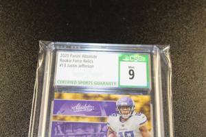 lot 192 image: 2020 Absolute Rookie Force Relics Justin Jefferson #13 Rookie Card CSG 9